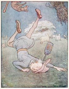 The man in the moon came tumbling down, from A Nursery Rhyme Picture Book, pub. 1914. Creator: Leonard Leslie Brooke (1862 - 1940)