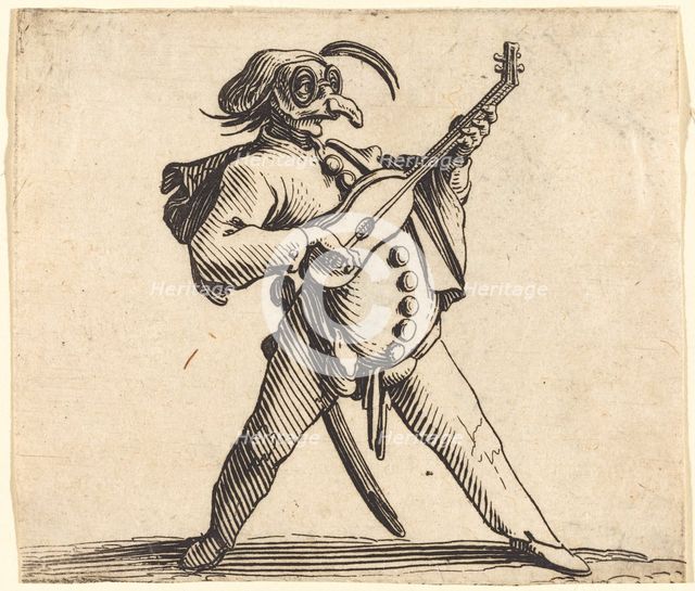 The Masked Comedian Playing a Guitar, c. 1622. Creator: Jacques Callot.