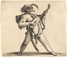 The Masked Comedian Playing a Guitar, c. 1622. Creator: Jacques Callot
