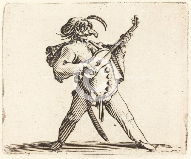 The Masked Comedian Playing a Guitar, c. 1622. Creator: Jacques Callot.