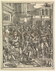 The Massacre of the Innocents (Right side) with group of male figures attacking women and ..., 1517. Creator: Domenico Campagnola