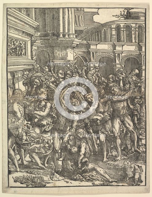 The Massacre of the Innocents (Right side) with group of male figures attacking women and ..., 1517. Creator: Domenico Campagnola.