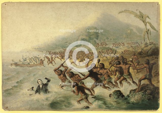 The Massacre of the Lamented Missionary, The Rev. J. Williams and Mr Harris, 1841. Creator: George Baxter.