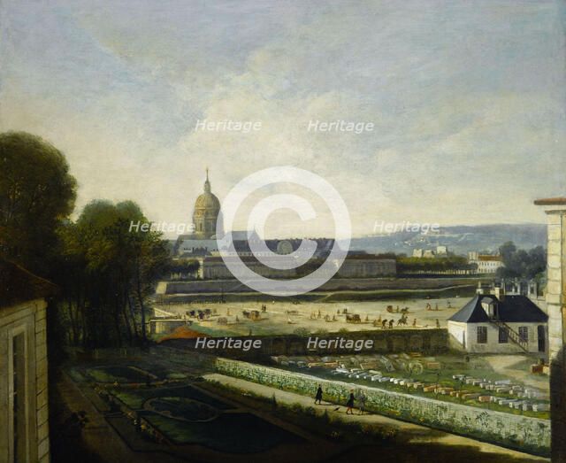 The marble depot and esplanade in front of Tuileries swing bridge, before construction...c 1745-1755 Creator: Unknown.