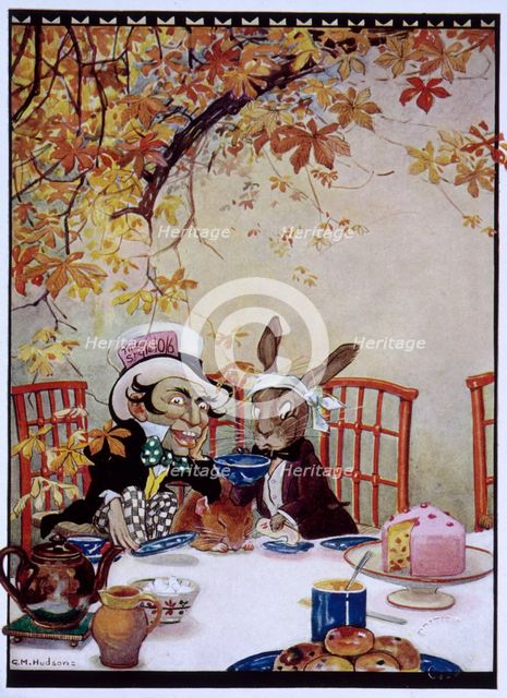 The March Hare and the Mad Hatter having tea, Alice's Adventures in Wonderland, 1922. Creator: Gwynedd M Hudson.