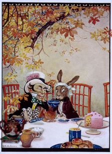 The March Hare and the Mad Hatter having tea, Alice's Adventures in Wonderland, 1922. Creator: Gwynedd M Hudson