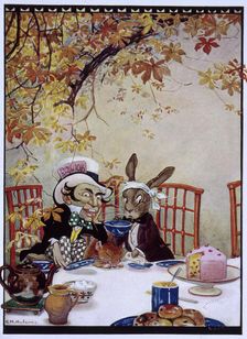 The March Hare and the Mad Hatter having tea, Alice's Adventures in Wonderland, 1922. Creator: Gwynedd M Hudson