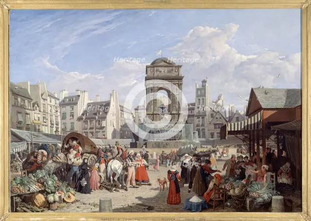 The market and the Fontaine des Innocents, 1822. Creator: John James Chalon.
