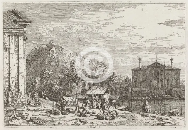 The Market at Dolo [lower left], c. 1735/1746. Creator: Canaletto.
