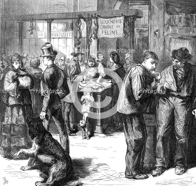 The market for dogs' and cats' flesh, Paris, (sketch by balloon post), 1871. Creator: Unknown.