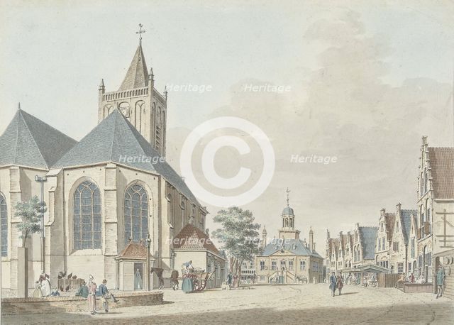 The market in Vlaardingen with the church and the town hall, 1737-1779. Creator: Pieter Jan van Liender.