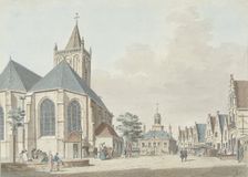 The market in Vlaardingen with the church and the town hall, 1737-1779. Creator: Pieter Jan van Liender