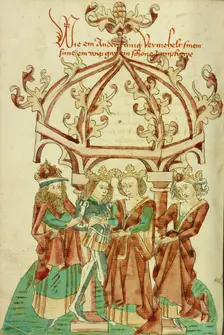 The Marriage of a Prince and Young Woman; Barlaam und Josaphat, 1469. Creators: Hans Schilling, Diebolt Lauber