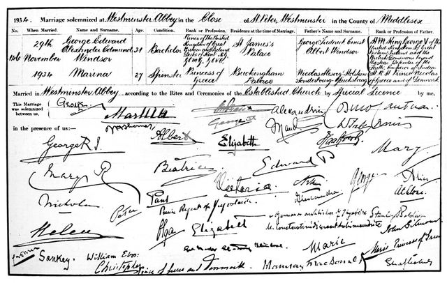 The marriage certificate of the Duke and Duchess of Kent, 1934. Artist: Unknown