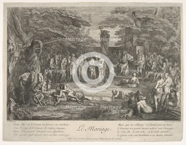 The Marriage (Le Mariage): in a forest, an old satyr marries the betrothed in cen..., ca. 1700-1720. Creator: Claude Gillot.