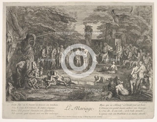 The Marriage (Le Mariage): in a forest, an old satyr marries the betrothed in cen..., ca. 1700-1720. Creator: Claude Gillot.