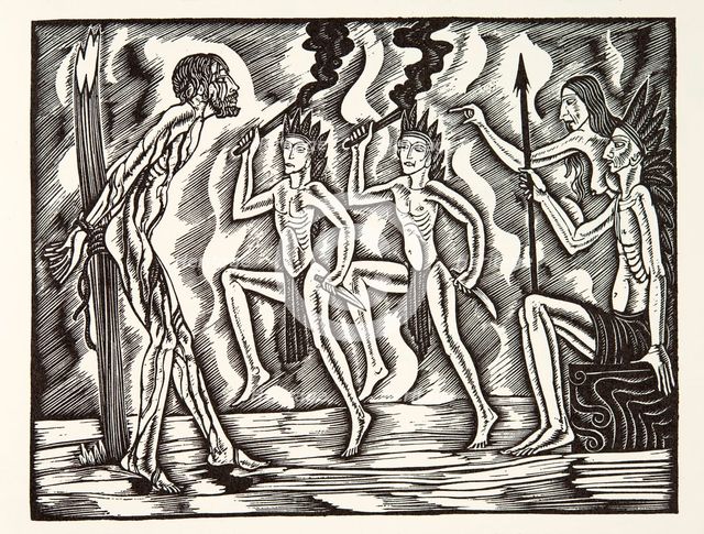 The Martyrdom, from The Travels and Sufferings of Father Jean de Brebeuf, 1938, (wood engraving).