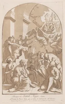 The martyrdom of Saint Angelo who in the upper left is being stabbed watched by horrifi..., 1729-64. Creator: Caylus, Anne-Claude-Philippe de