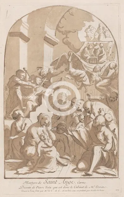 The martyrdom of Saint Angelo who in the upper left is being stabbed watched by horrifi..., 1729-64. Creator: Caylus, Anne-Claude-Philippe de.