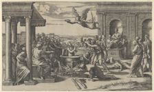 The Martyrdom of Saint Cecilia standing naked in a large cauldron, at left under..., ca. 1520-25. Creator: Marcantonio Raimondi