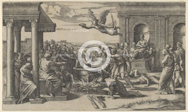 The Martyrdom of Saint Cecilia standing naked in a large cauldron, at left under..., ca. 1520-25. Creator: Marcantonio Raimondi.