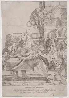 The martyrdom of Saint Erasmus who is prostrate having in innards removed, two putti a..., ca. 1630. Creator: Pietro Testa