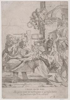 The martyrdom of Saint Erasmus who is prostrate having in innards removed, two putti a..., ca. 1630. Creator: Pietro Testa