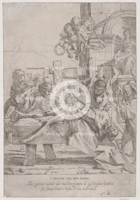 The martyrdom of Saint Erasmus who is prostrate having in innards removed, two putti a..., ca. 1630. Creator: Pietro Testa.