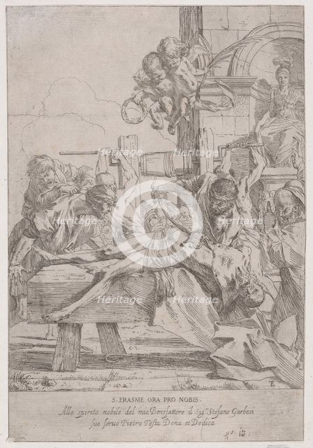 The martyrdom of Saint Erasmus who is prostrate having in innards removed, two putti a..., ca. 1630. Creator: Pietro Testa.