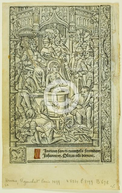The Martyrdom of Saint John the Evangelist (recto), and December Calendar (verso), from..., 1496/97. Creator: Philippe Pigouchet.