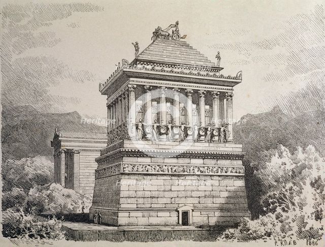 The Mausoleum of Halicarnassus as the tomb of King Mausolus, built by architects Satiros and Pite…