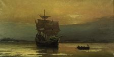 The Mayflower on Her Arrival at Plymouth Harbor, 1882. Creator: Halsall, William Formby (1841-1919)