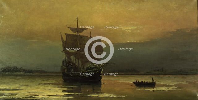 The Mayflower on Her Arrival at Plymouth Harbor, 1882. Creator: Halsall, William Formby (1841-1919).
