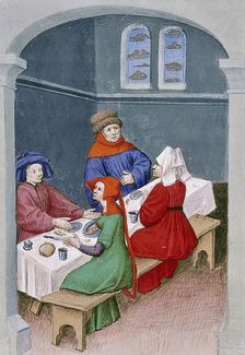 The meal. Miniature from The Decameron by Giovanni Boccaccio, 1432