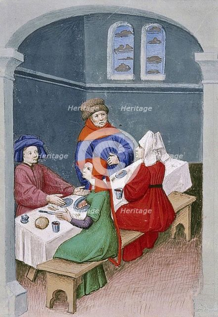 The meal. Miniature from The Decameron by Giovanni Boccaccio, 1432.