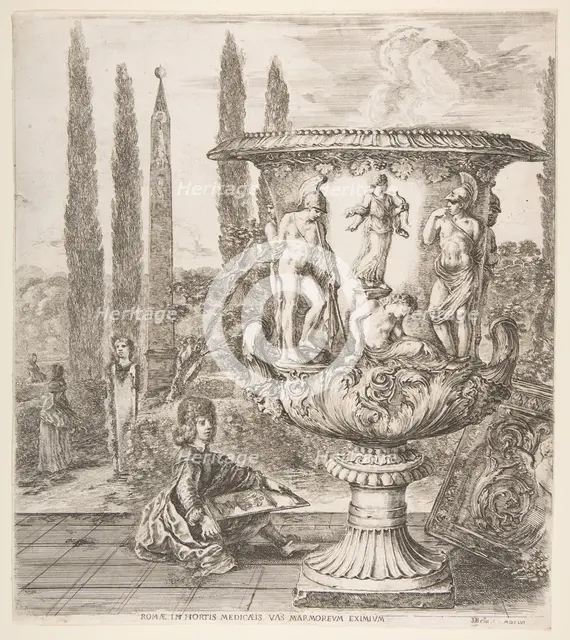 The Medici vase, a large vase to right decorated with a representation of the sacrifice of..., 1656. Creator: Stefano della Bella.