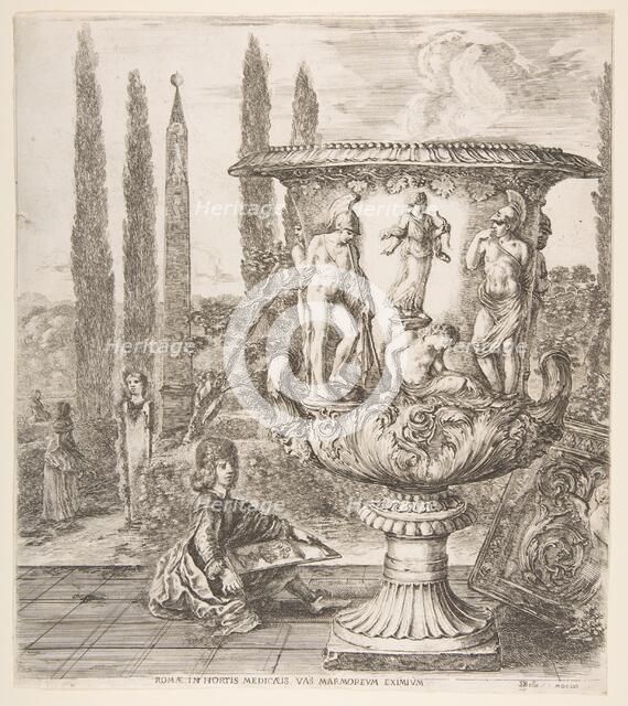 The Medici vase, a large vase to right decorated with a representation of the sacrifice of..., 1656. Creator: Stefano della Bella.