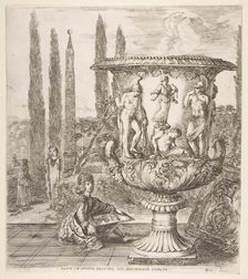 The Medici vase, a large vase to right decorated with a representation of the sacrifice of..., 1656. Creator: Stefano della Bella