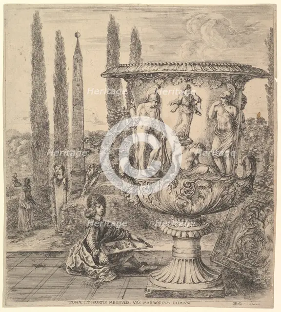 The Medici vase, a large vase to right decorated with a representation of the sacrifice of..., 1656. Creator: Stefano della Bella.