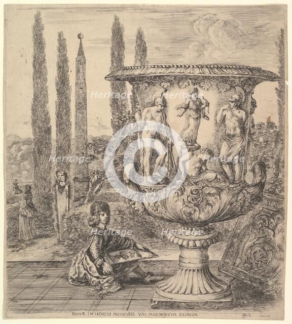 The Medici vase, a large vase to right decorated with a representation of the sacrifice of..., 1656. Creator: Stefano della Bella.