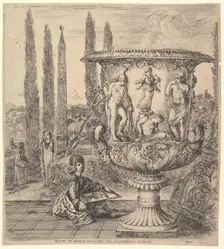 The Medici vase, a large vase to right decorated with a representation of the sacrifice of..., 1656. Creator: Stefano della Bella