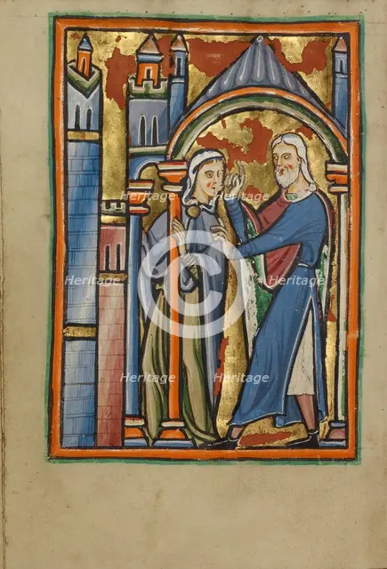 The Meeting at the Golden Gate; Illustrated Vita Christi, with devotional..., about 1190-1200. Creator: Unknown.
