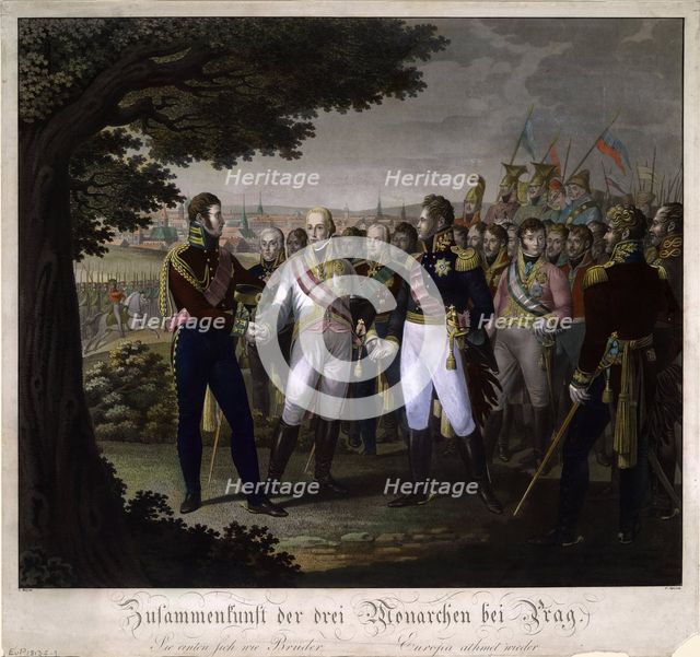 The meeting between Emperors Francis I of Austria, Alexander I of Russia and Frederick William III o Artist: Jügel, Johann Friedrich (1772-1833)