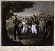 The meeting between Emperors Francis I of Austria, Alexander I of Russia and Frederick William III o Artist: Jügel, Johann Friedrich (1772-1833)