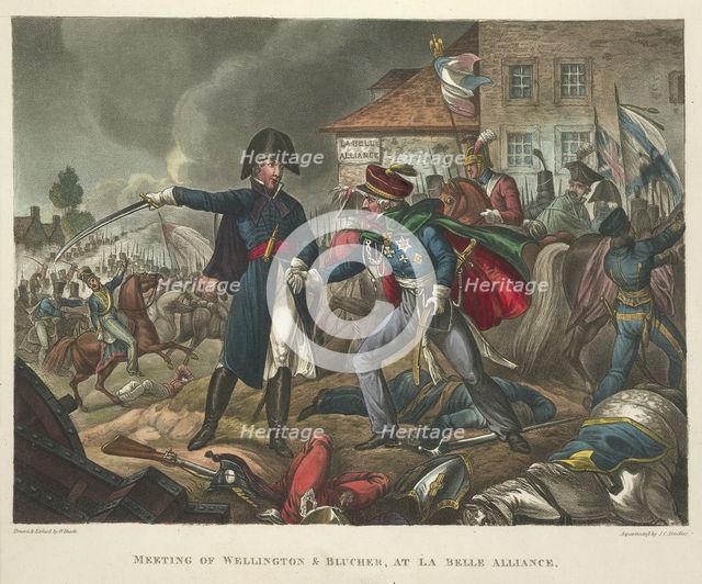 The meeting of Wellington and Blucher, at La Belle Alliance, during the Battle of Waterloo, 1815. Th Creator: William Heath.