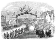 The members of the fire companies drawing the Prince of Wales through Carleton..., 1860. Creator: Unknown