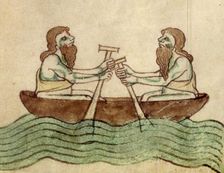 The men of Connaught in a coracle, after c1170. Creator: Unknown