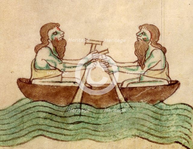 The men of Connaught in a coracle, after c1170. Creator: Unknown.