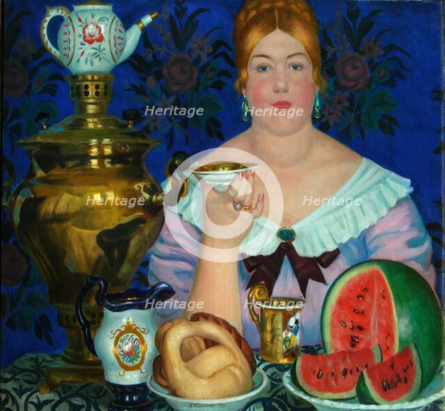 The Merchant's Wife Drinking Tea, 1923. Artist: Kustodiev, Boris Michaylovich (1878-1927)