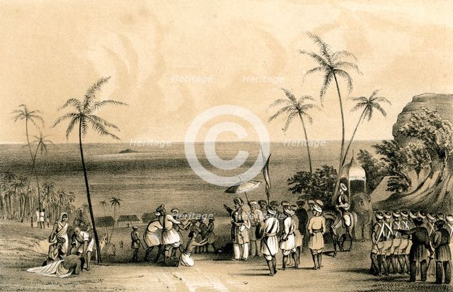 'The merchants of Calicut seized and chained to a barren rock by order of Tippoo Saib', (1847). Artist: Unknown